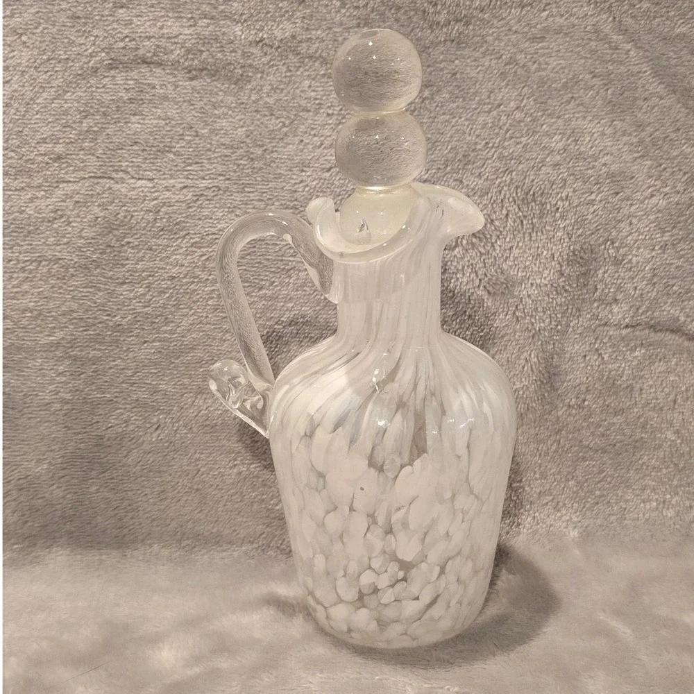 Vintage‎ White Confetti Spatter Hand Blown Glass Cruet Decanter with Stopper
